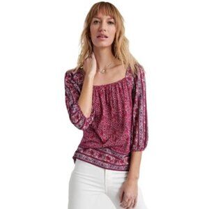 Lucky Brand Square Neck Border Print Peasant Top XL